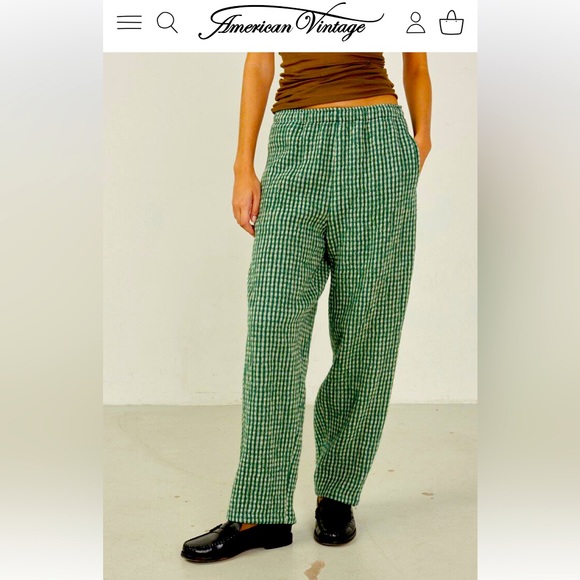 American Vintage Pants - American Vintage Green Gingham Wide-Leg Pants